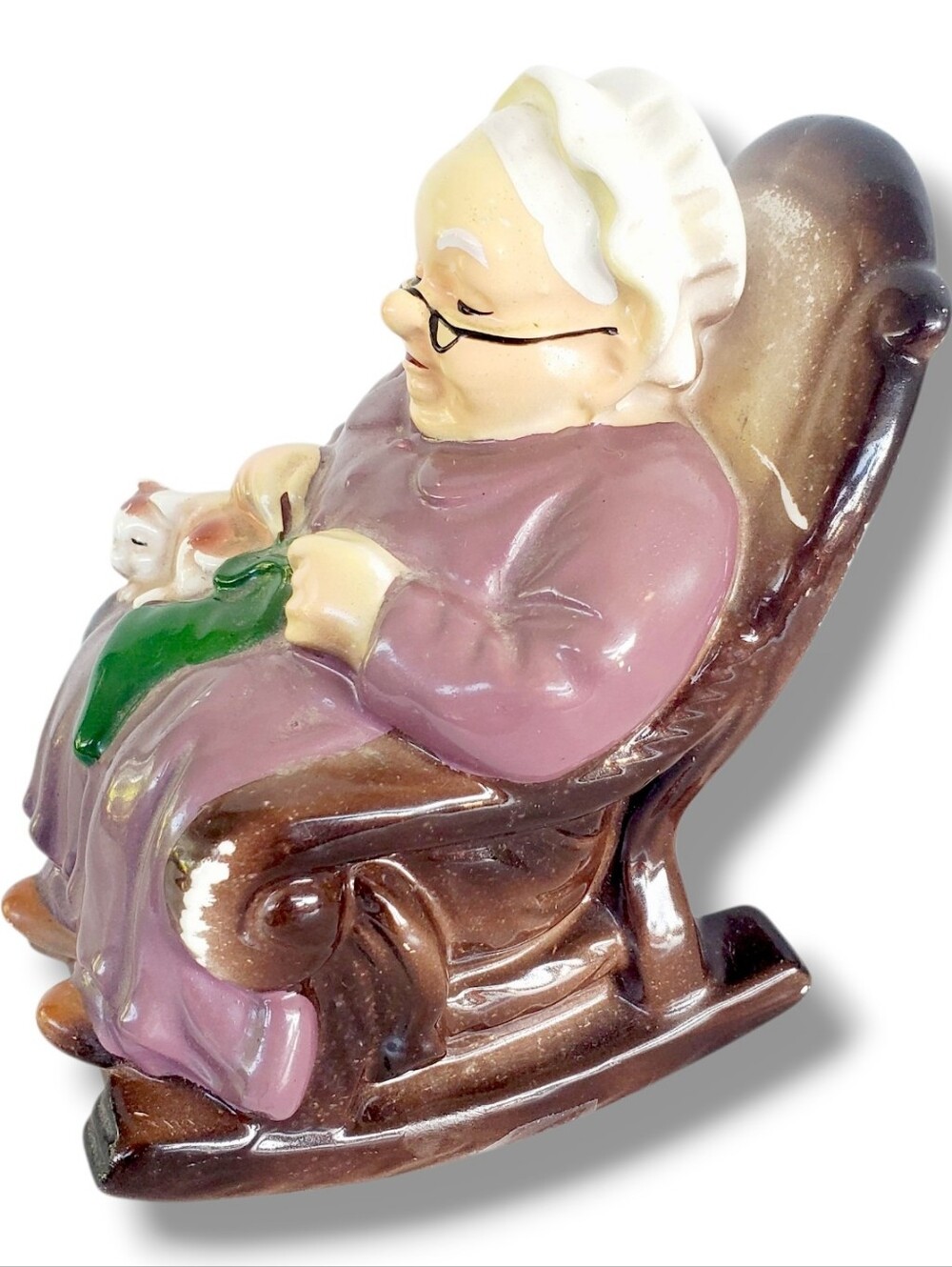 Vintage Japan Old Woman Rocking Chair Retirement Fund Piggy Bank Hand Painted